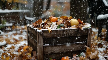 Wall Mural - a weathered wooden compost bin overflowing with fallen leaves and kitchen scraps, dusted with a ligh