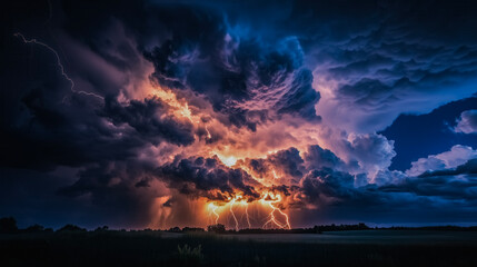Wall Mural - stormy sky with lightning bolts and dark clouds. scene is intense and dramatic