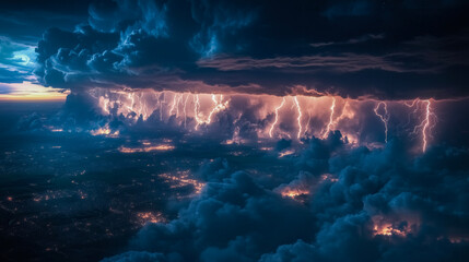 Wall Mural - stormy sky with lightning bolts and a city in the background. scene is intense and dramatic