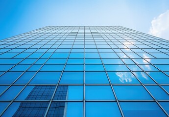 Wall Mural - Large glass building with many windows and a clear blue sky. The building is very tall and has a lot of windows, giving it a modern and sleek appearance. The sky is clear and bright