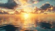 © panumas - The sun is setting over the ocean, casting a warm glow on the water. The sky is filled with clouds, creating a serene and peaceful atmosphere