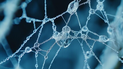 Frozen water droplets on a spider web, creating a network of glistening pearls suspended in mid-air, delicate and intricate