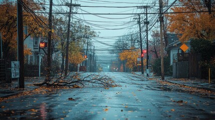 Poster - A street with a fallen tree branch on the road