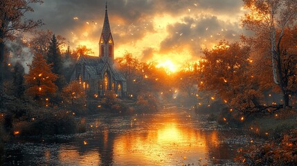 Sticker - Autumn Sunset Over a Church by the River