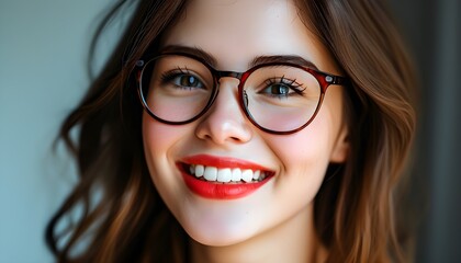 Wall Mural - Joyful woman with glasses beaming a radiant smile, showcasing perfectly aligned white teeth and full, inviting red lips