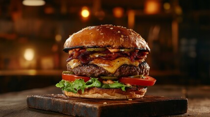  a towering double-meat burger, overflowing with fresh lettuce, juicy tomato slices, and a melting brioche bun, set against a rustic wooden table with warm 