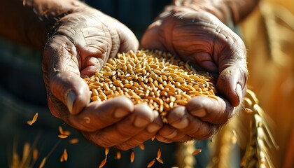 Wall Mural - Gentle Hands Cradling Golden Wheat Grains, Symbolizing Harvest, Nourishment, and the Essence of Nature and Life