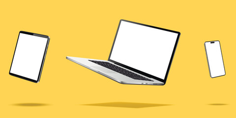 Canvas Print - laptop computer, smartphone and tablet while levitating in the air on a yellow background
