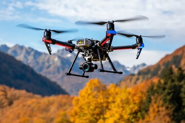 Futuristic drone flying over autumn mountains, capturing real-time data about the changing seasons and autumn foliage with advanced technology