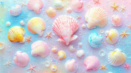 Sticker -   A collection of vibrant seashells and starfish against a multicolored backdrop of blue, pink, yellow, and white