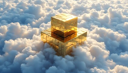 Wall Mural - Golden Cube of Success Resting on Dreamy Cloudscape Symbolizing Growth and Future Opportunities