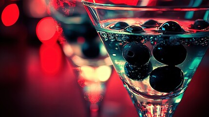 Poster -   Martini glass with black olives & red bokeh lights background