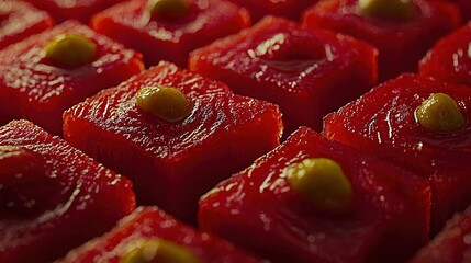 Poster -   A close-up shot of several red cubes surrounding a green olive nestled within one