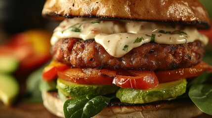 Sticker -  Meat, lettuce, tomato, sauce Bun with lettuce and tomato slices