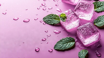 Poster -   A collection of ice cubes with mint leaves on a pink background, featuring droplets of water