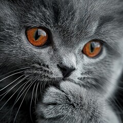 Poster -   A close-up of a cat's face, featuring orange eyes and prominent whiskers on its nose