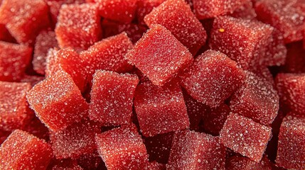 Poster -   A red sugar cube pile, cropped in for detail, shows a single bitten cube