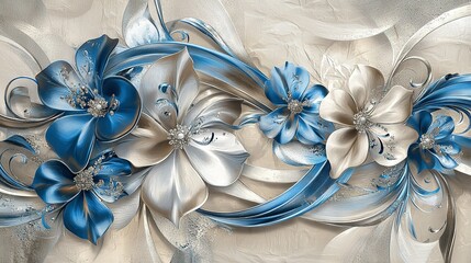 Wall Mural -   A blue and white flower painting on a white-gray backdrop with a silver swirl at its center