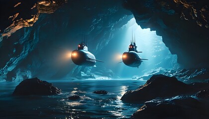 Futuristic submarines navigating a mysterious underwater cavern, illuminating the dark abyss with headlights, evoking a sense of adventure and discovery in the deep sea.