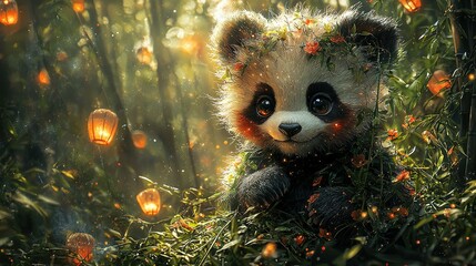 Canvas Print -   A panda bear in a forest surrounded by leaves and flowers with lanterns in the background