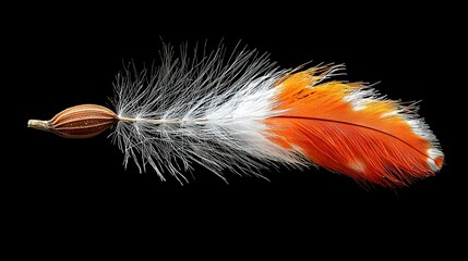 Wall Mural -  An orange, white, and black feather on a black background with attached tips