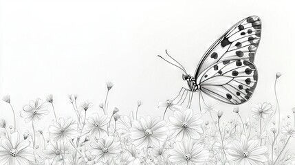 Sticker -   A black-and-white illustration of a butterfly amidst daisy fields, with daisies prominently featured in the foreground