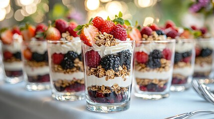 Poster -   A close-up of a sweet treat in a cup on a table, surrounded by cutlery