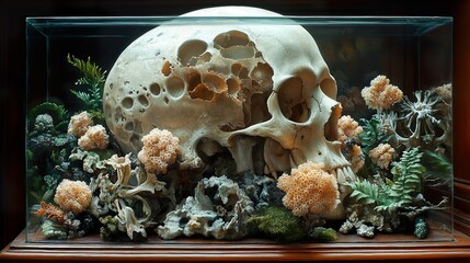 Wall Mural - Human Skull in a Glass Case with Botanical Details