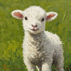 Wall Mural -   A white lamb stands in a field of green grass with a red ear tag