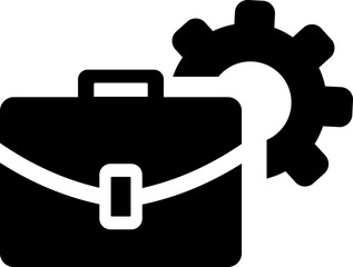 Wall Mural - Black and white illustration of a briefcase with a gear symbol above it, symbolizing work, business, and efficiency.