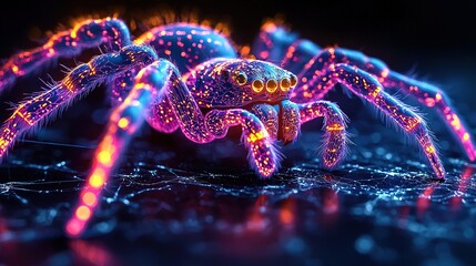 Wall Mural -   A detailed image of a vibrant spider on a dark background, reflecting its image onto itself