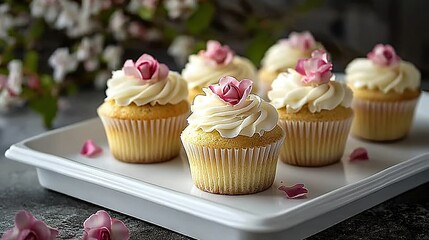 Canvas Print -   A plate of cupcakes adorned in white frosting and topped with vibrant pink flowers rests elegantly atop a gray table, surrounded by a field of delicate pink