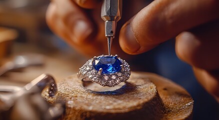 A jeweler is carefully crafting an intricate sapphire ring using tools and precision to create the perfect design. The room around them is filled with different gemstones of different shapes and color