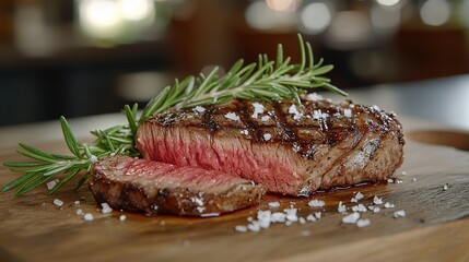 Poster -   A perfectly grilled steak adorned with fresh rosemary, placed elegantly on a rustic wooden board