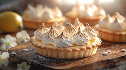 Canvas Print -   A close-up of a pastry with whipped cream and meringue on a cutting board surrounded by lemons