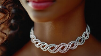 Poster -   A photo of a lady's head, closely zoomed in, with a chain of diamonds adorning her neck