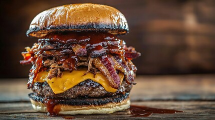 Poster -   A bacon cheeseburger sits on top of a wooden table, next to bottles of ketchup