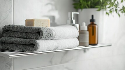 Canvas Print -   A neat pile of towels sits atop a shelf alongside a soap dispenser and vibrant plant