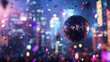 © Alla - Side view of the New Year’s Eve ball dropping with a vibrant burst of confetti around, illuminated skyscrapers in the background
