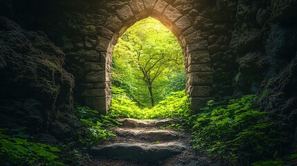 Canvas Print -   A stone wall tunnel with a bright light at its end leads to a lush green forest