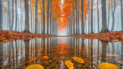 Wall Mural -   A serene forest flourishes with myriad trees, blanketing the lake in verdant foliage, enveloped by autumn hues