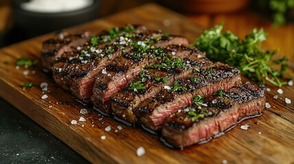 Sticker -   An image of a juicy steak atop a wooden cutting board with a sprig of parsley nearby, exuding mouthwatering aroma