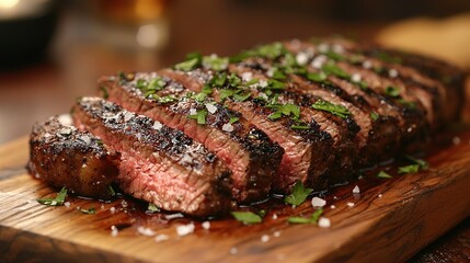 Poster -   A high-resolution photo of a perfectly cooked steak displayed on a cutting board surrounded by freshly chopped herbs and a squeeze of lemon juice