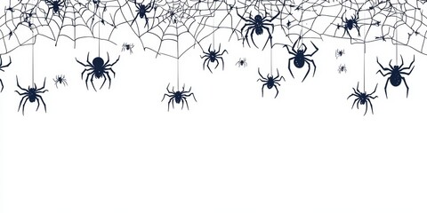 Wall Mural - spider web border with hanging spiders vector, black outline on white background halloween concept g