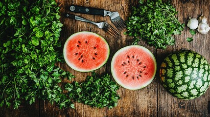 Poster -   A pair of watermelon slices resting atop a wooden table alongside a knife and some herbs