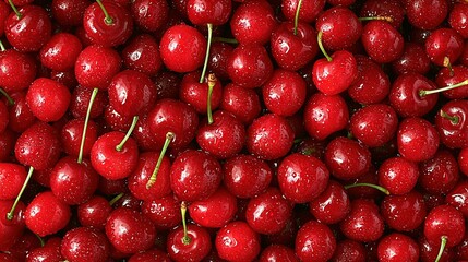 Canvas Print -   A group of cherries stacked with water droplets on their tops