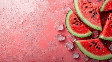 Wall Mural -   A watermelon slice atop an ice cube on a pink surface with droplets of water