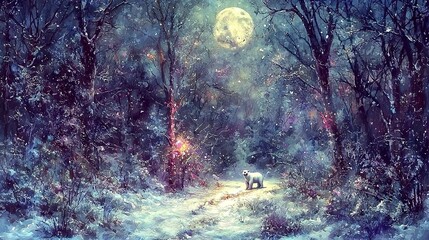   A picture of a polar bear amidst snowy woods, under a luminous full moon in the sky Snow blankets the ground below