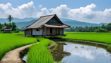 Sticker - Charming traditional cottage surrounded by lush rice fields in the serene Southeast Asia countryside, showcasing a sustainable lifestyle amidst tranquil nature