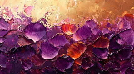 Canvas Print -   A canvas depicts vibrant purple and orange blossoms set against a backdrop of sunny yellow and deep purple hues, all framed by a crisp white edge